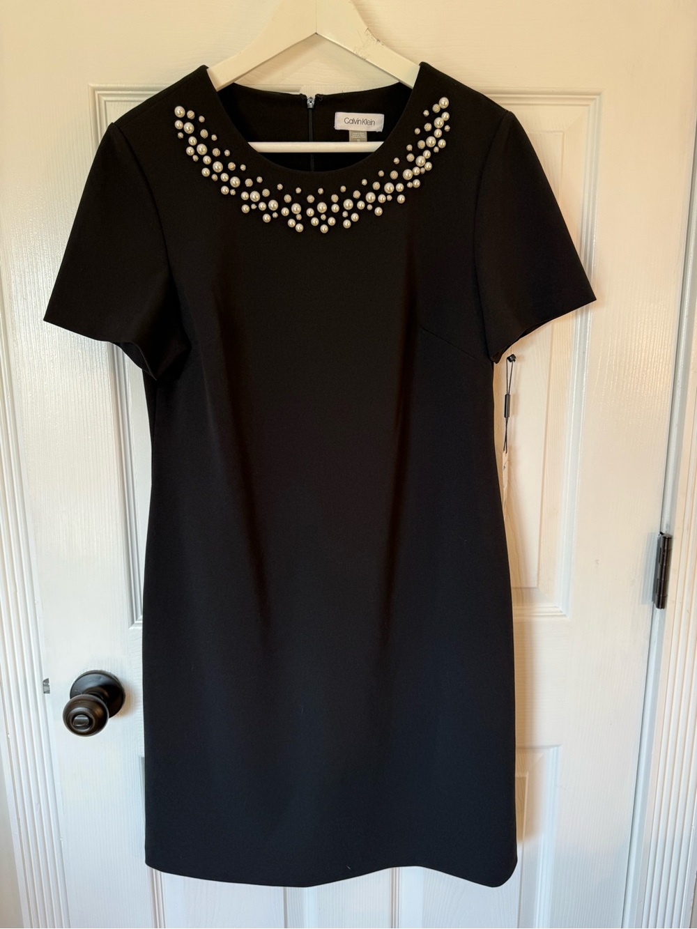 Calvin Klein Black Pearl-Embellished Short Sleeve Shift Dress